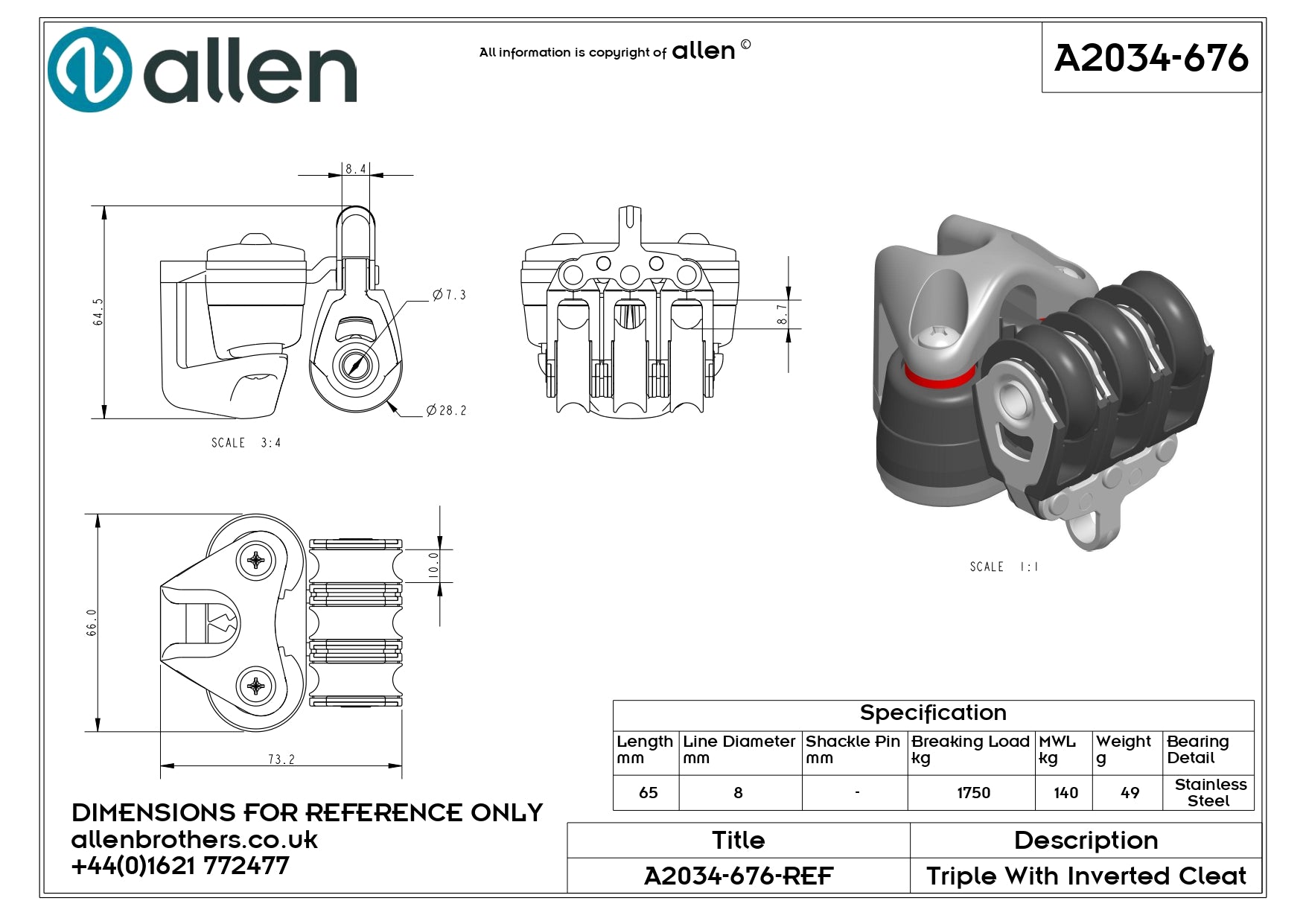 30MM DYNAMIC TRIPLE BLOCK WITH INVERTED CLEAT