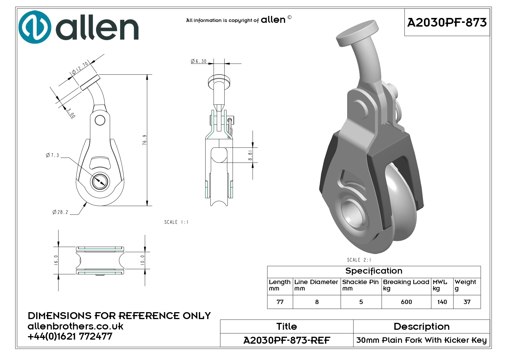 30MM DYNAMIC PLAIN BEARING SINGLE WITH FORK HEAD AND VANG KEY