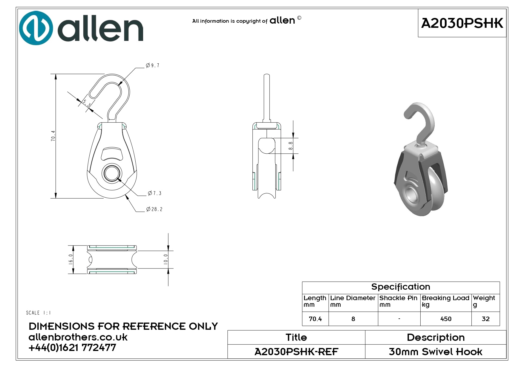 30MM DYNAMIC PLAIN BEARING SINGLE WITH SWIVEL HOOK