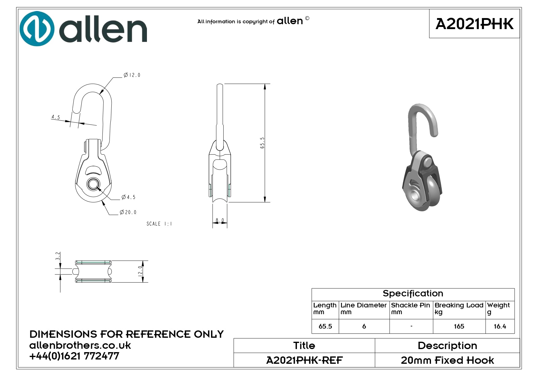 20MM PLAIN BEARING SINGLE BLOCK WITH HOOK