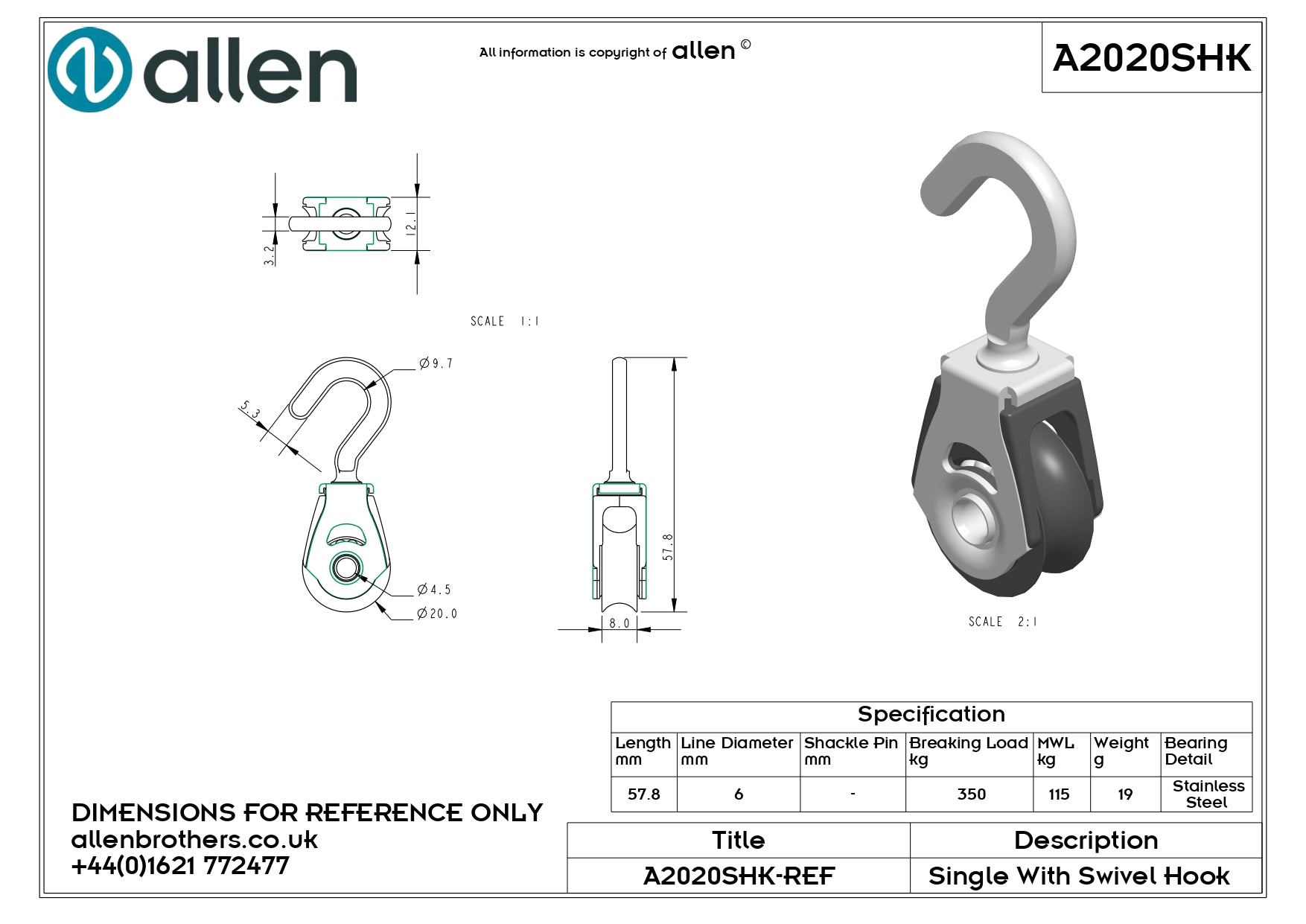 20MM DYNAMIC BLOCK WITH SWIVEL HOOK